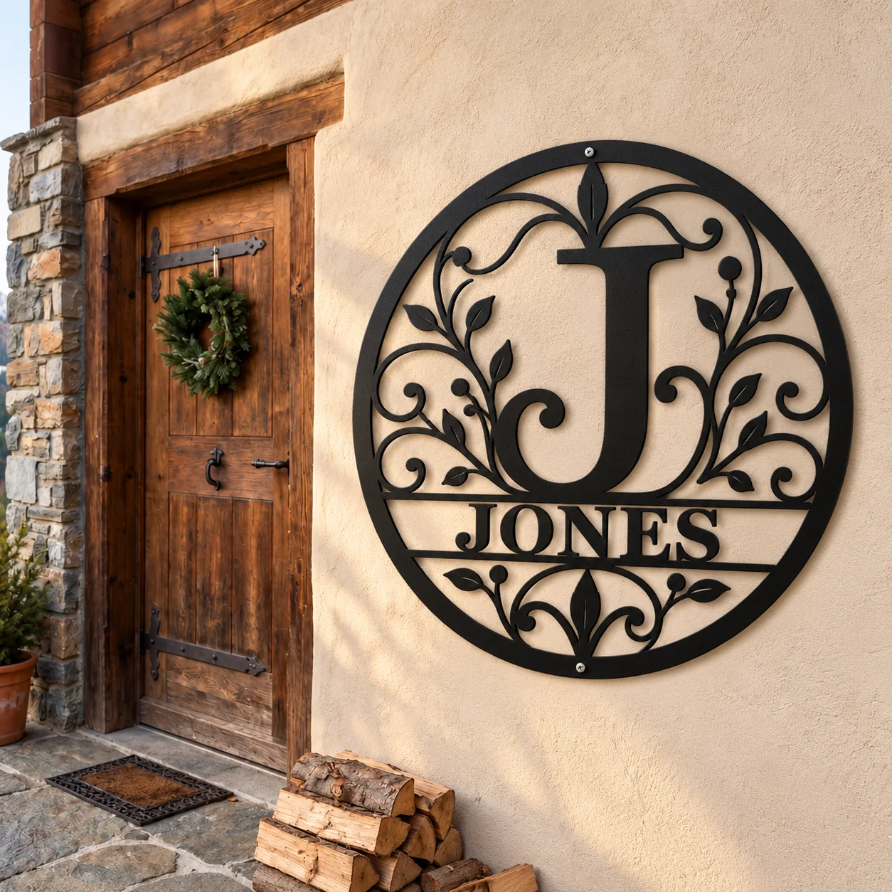 Botanical Initial & Family Name Metal Sign — mockup 2