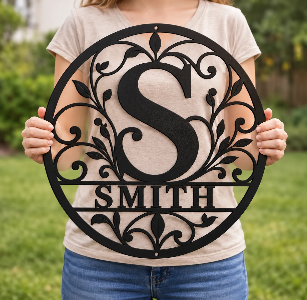Botanical Initial & Family Name Metal Sign — mockup 4